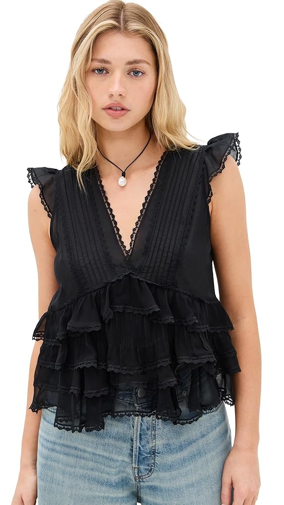 alice + olivia Women's Blanche V Neck Ruffle Swing Top